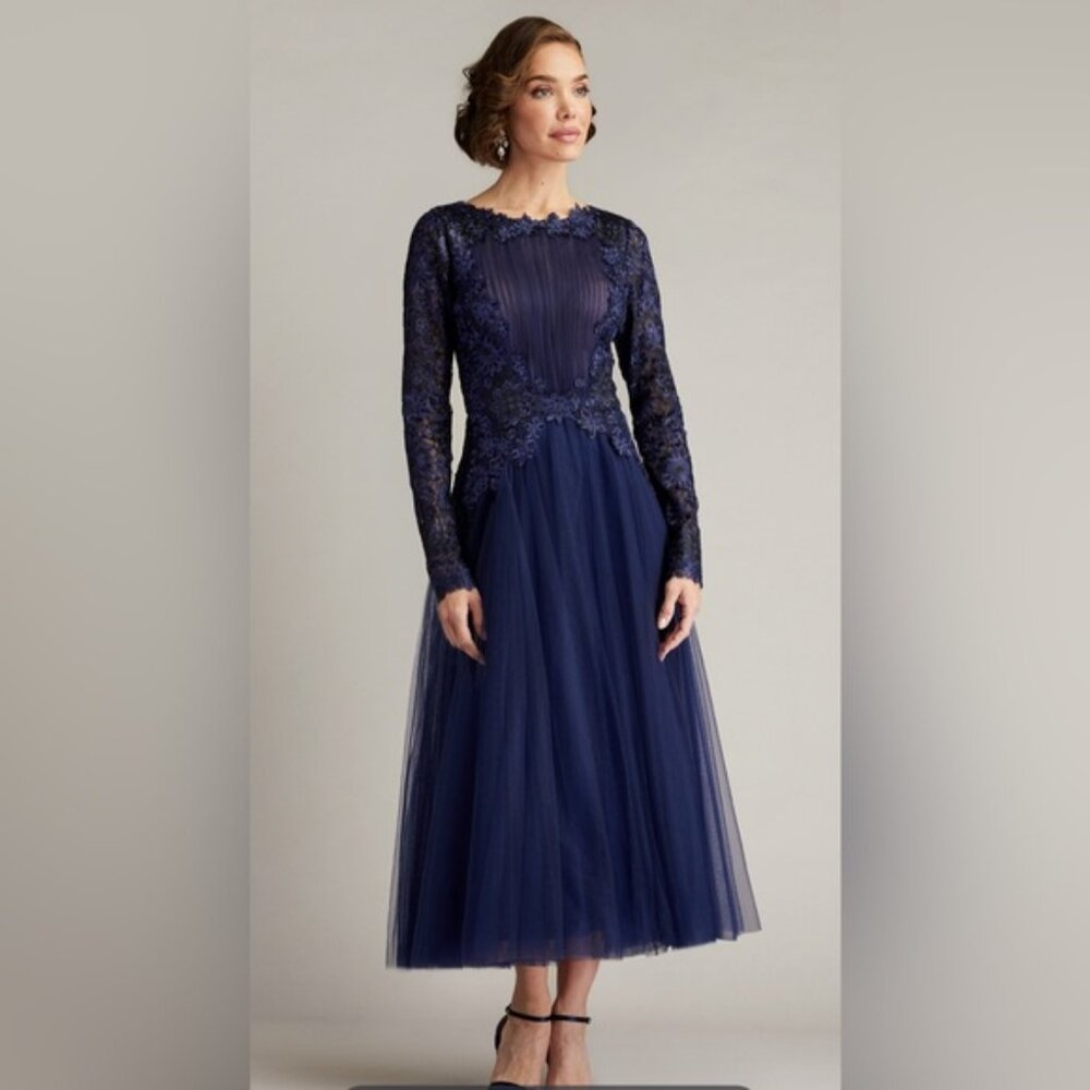 Tadashi Shoji Midnight Blue Embroidered Tulle Midi Cocktail Dress